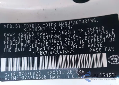 2012 Toyota Avalon z USA, uszkodzony, nr VIN 4T1BK3DBXCU445628